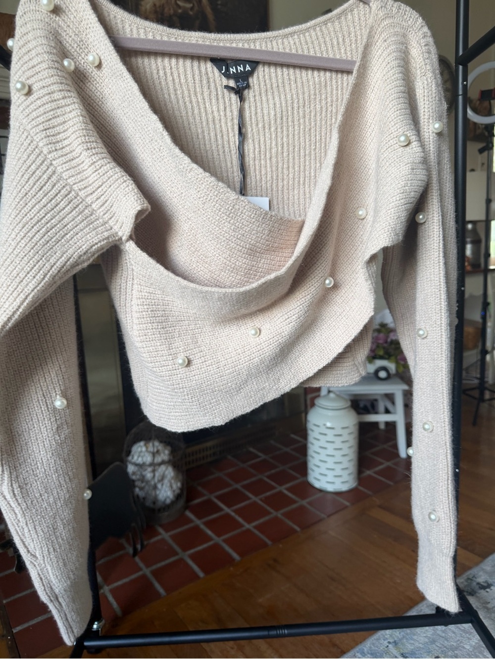 J.NNA Cream Off-the-Shoulder Pearl-Trim Sweater